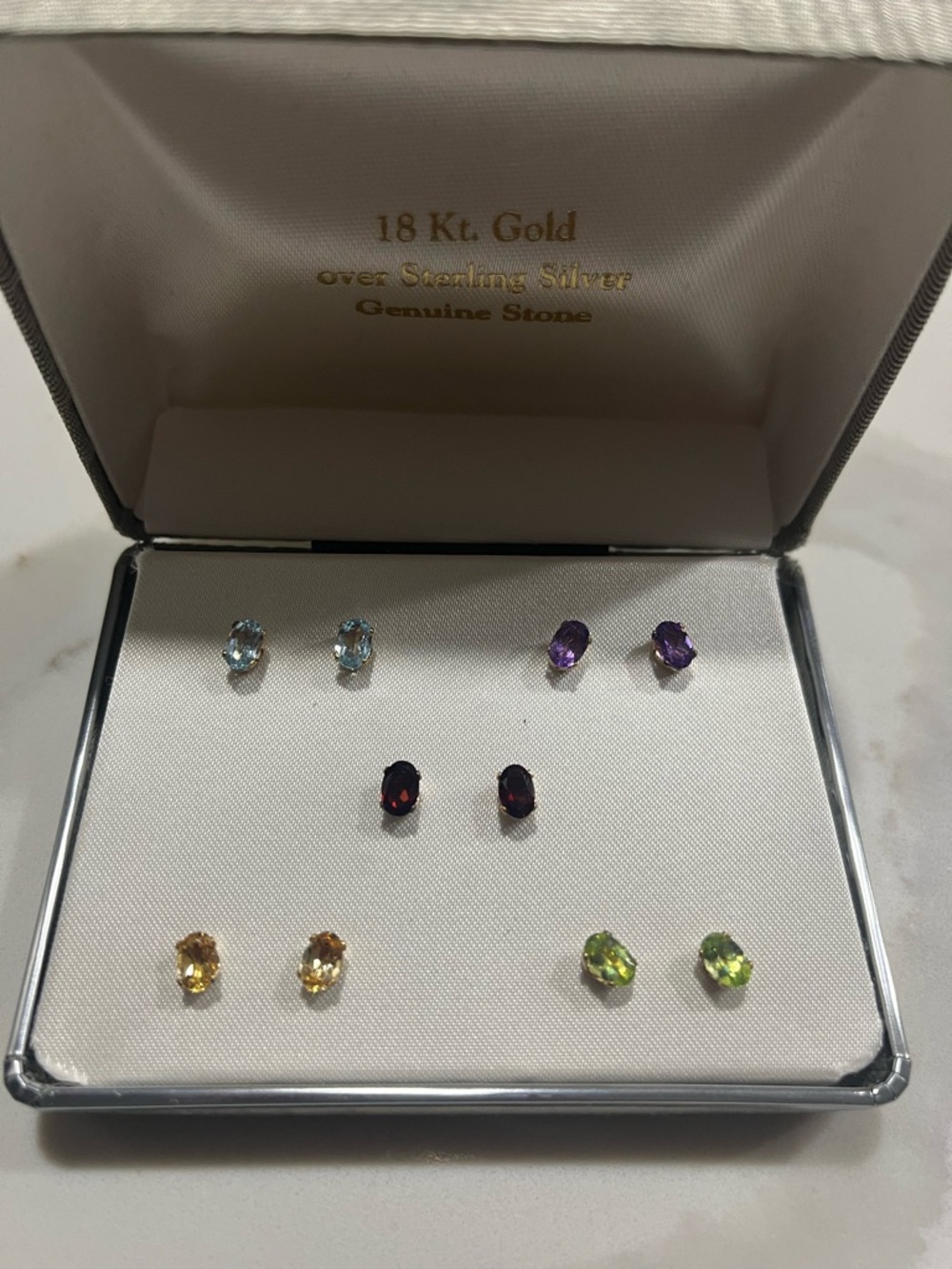 18 Kt. Gold Over Sterling Silver Multi-Color Genuine Stone Stud Earrings Set…NWT